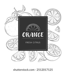Hand drawn orange fruits background. Vector illustration of fresh oranges, whole citrus, half, cut slice in doodle style. Summer Citrus tropical fruits for pattern, poster, card, web banner, menu.