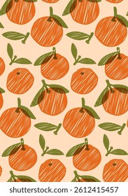 Hand drawn orange fruits seamless pattern on beige background. Overlay print style vector illustration 