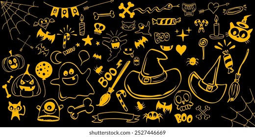 Dibujado a mano naranja Halloween doddles conjunto aislado sobre fondo negro de noche oscura. Doodle patrón de halloween sin fisuras