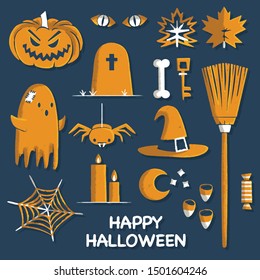 hand drawn orange halloween elements, icons