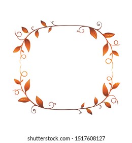 Hand drawn orange leaves, leaf boarder, elegant simple leafy frame on white background. Autumn theme. Illustration for design wedding invitations, greeting cards, postcards with space for your text.