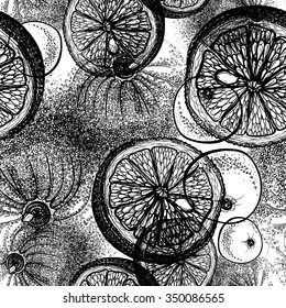 Hand drawn orange or lemon citrus fruit. Seamless wallpaper pattern with trace drawing of pen, ink and paper