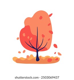 Árbol dibujado a mano de color naranja y rojo claro con hojas y follaje otoñal. Diseño sencillo. Ilustración vectorial plana. Icono.