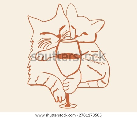 Hand drawn orange line art illustration of two playful cats sharing a wine glass on warm cream background, romantic feline couple sketch for pet branding, greeting cards, posters, stickers, restaurant decor and cozy designs