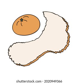 Mandarina naranja dibujada a mano con cáscara abierta. Señal de navidad estilizada, para pegatinas, planificadores, elementos de chatarra, medios sociales. Ilustración vectorial con contorno dibujado a mano aislado en el fondo.