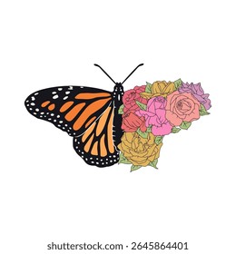 Borboleta monarca laranja desenhada à mão com asa floral clip art. Inseto tropical bonito com design flores de rosa. Ilustração vetorial sobre fundo branco