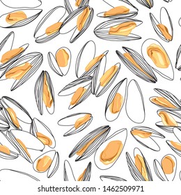 Hand Drawn Orange Mussels in Shells Sketch Line Drawing Ornamental Seamless Pattern on White