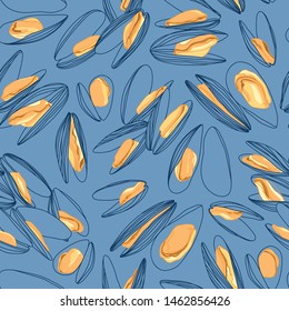 Hand Drawn Orange Mussels in Shells Sketch Line Drawing Seamless Pattern on Blue. Gourmand Restaurant Design