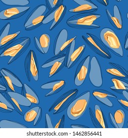 Hand Drawn Orange Mussels in Shells Sketch Line Drawing Ornamental Seamless Pattern on Blue. Gourmand Restaurant Food