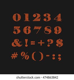 Hand drawn orange numbers, sign and symbols of alphabet