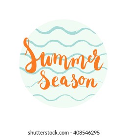 Hand drawn orange phrase Summer season on the colorful blue sea waves background. Hand lettering calligraphy greeting card or invitation for summer party template.  Vector texture. 
