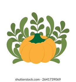Hand Drawn Orange Pumpkin against abstract leaves Thanksgiving or Autumn Holidays Greeting Design