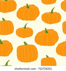 Hand drawn orange pumpkin vector seamless pattern. Autumn halloween decoration, vegetable harvest season, thanksgiving line art. Freehand illustration for vegan cafe, restaurant, market, shop.