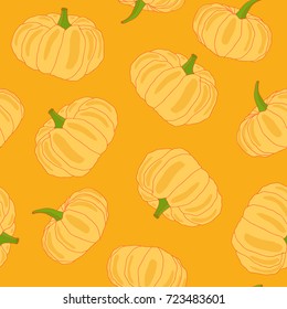 Hand drawn orange pumpkin vector seamless pattern. Autumn halloween decoration, vegetable harvest season, thanksgiving line art. Freehand illustration for vegan cafe, restaurant, market, shop.