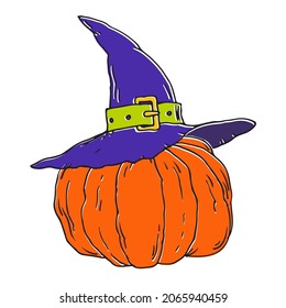 Hand drawn orange pumpkin in witch hat on white background, vintage vector Halloween  illustration.