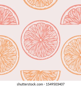 Hand drawn orange seamless pattern. Vintage vector background with orange slices 