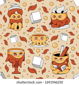 Trazado a mano sin costura con tazas, tazas, hielo, café, cacao y más. Fondo de la ilustración del vector en colores amarillo y marrón