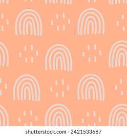 Hand drawn orange seamless pattern with rainbow. Cute childish design. Simple abstract background with arch shapes and dots for kids, wallpaper, fabric, textile, greeting card. Vector illustration