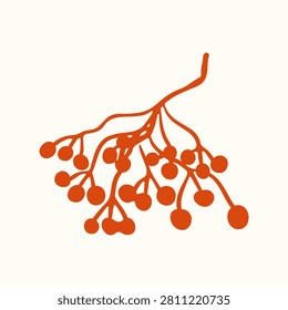 Hand drawn orange silhouette sketch of a wild berry rowan. 
