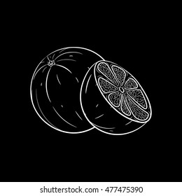 Hand drawn orange sketch isolated on black background. Organic food. Vector engraved illustration