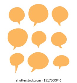 Hand drawn orange speech bubbles set. Doodle style colorful thinking balloons isolated on white background 