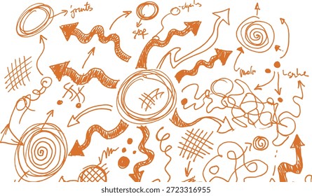Elementos de doodle de vetor laranja desenhado à mão, setas de esboço criativas, espirais, círculos, padrões de grade e rabiscos abstratos para projetos de design, layout