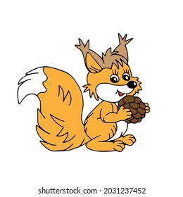 A Hand drawn orange vector illustration of a beautiful adult young squirrel with a big cone isolated on a white background.