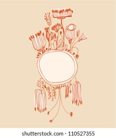 Hand drawn orange vertical banner with round frame and place for your text. Vintage lace greeting card with country flowers and berries. Can be used for print on notebook, card, invitation