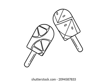 hand drawn orange and watermelon ice cream on a white background