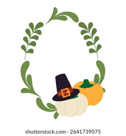 Hand Drawn Orange and White Pumpkin with Pilgrim Hat and Abstract Twigs Oval Frame border Copy space