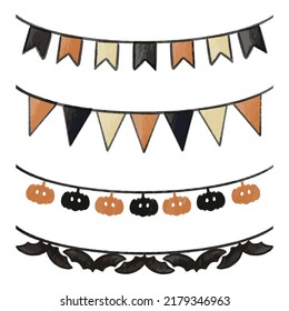 Banderas dibujadas a mano en tonos naranja, amarillo y negro. Ilustración vectorial de estilo acuarela. Perfecto para diseñar, bordear y decorar gráficos de Halloween.