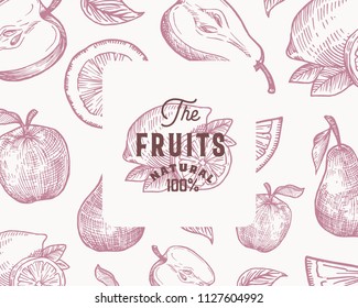 Hand Drawn Oranges, Lemon, Apple and Pear Vector Background Pattern. Abstract Fruits Sketch Card or Cover Template with Classy Retro Typography and Emblem. Isolated.