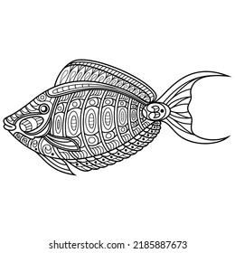 Hand drawn of orangespine unicornfish in zentangle style