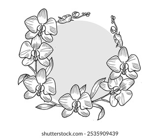Hand Drawn Orchid Flower and Bud Wreath