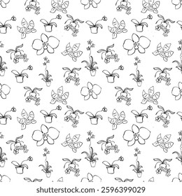 Hand drawn orchids background. Vector seamless pattern with tropical flowers. 