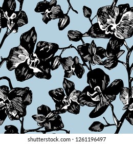 Hand drawn orchids phalaenopsis seamless vector
pattern. Graphic botanical illustration.