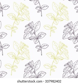 Hand drawn oregano branch stylized black and green seamless pattern. Doodle drawing spicy herbs. Kitchen background. Hand drawn seasoning. Vector illustration