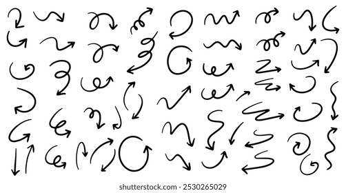 Handgezeichneter organischer Pfeil. Handgezeichnete, spitze Linien, Vektorsymbole. Skizze Pfeildesign für Business Plan und Bildung. Isolierte kurvige Vektorpfeile, handgezeichnet auf weißem Hintergrund