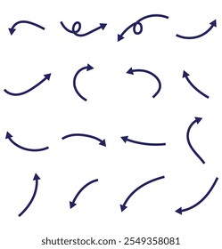 Conjunto de flecha orgánica dibujada a mano. Conjunto de iconos de vector de flecha dibujado a mano. diseño de flecha de boceto para Plan de negocios y educación. Flechas de Vector aisladas, dibujadas a mano sobre un fondo blanco. EPS 10
