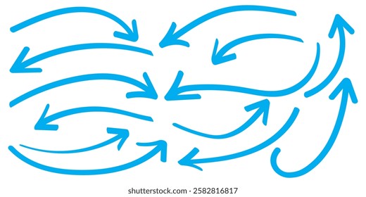 Hand drawn organic arrow set. Hand drawn arrow vector icons set. sketch arrow design for business plan and education. Isolated vector arrows, hand drawn on a white background. blue hand drawn arrow.