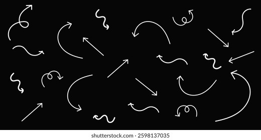 Hand drawn organic arrow set. Hand drawn arrow vector icons set. sketch arrow design for business plan and education. Hand drawn on a black background.