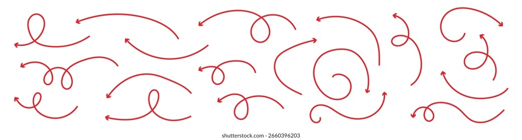 Seta orgânica desenhada à mão ajustada. Conjunto de ícones de vetor de seta desenhada à mão. design de seta de esboço para plano de negócios e educação. Setas vetoriais isoladas, desenhadas à mão sobre um fundo branco 