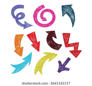 Conjunto de flecha orgánica dibujada a mano. Conjunto de iconos de vector de flecha dibujado a mano. diseño de flecha de boceto para Plan de negocios y educación. Flechas de Vector aisladas, dibujadas a mano sobre un fondo blanco