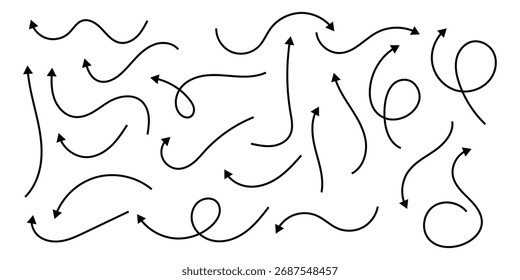 Hand drawn organic arrow set. Hand drawn arrow vector icons set. Sketch arrow design for business plan and education. Isolated vector arrows, hand drawn arrows on a white background.