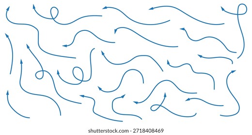Setas orgânicas desenhadas à mão ajustadas. Conjunto de ícone de vetor de setas desenhadas à mão azul. desenho de setas para plano de negócios e educação. Mão desenhada em um fundo preto.