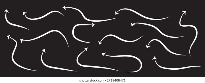 Setas orgânicas desenhadas à mão ajustadas. Conjunto de ícones de vetor de setas desenhadas à mão. desenho de setas para plano de negócios e educação. Mão desenhada em um fundo preto.