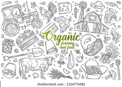 Hand drawn organic farming and food set doodle vector background