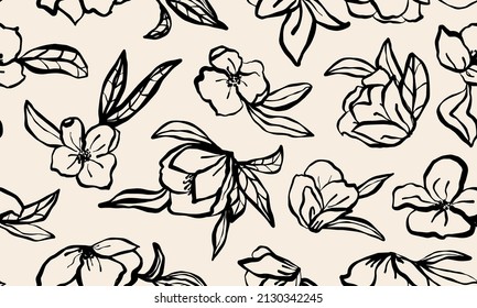 Hand drawn, organic flowers with leaves seamless repeat pattern as background, banner, template etc. Random placed, vector botanical all over print. - Shutterstock ID 2130342245