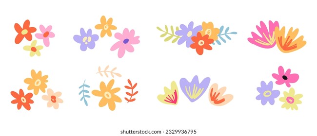 Hand Drawn Organic Flowers Silhouettes Collection. Abstract Floral Shapes Elements Set. Vector Illustration Doodles Isolated on White. Vintage Trendy Style, Colorful Clip Art