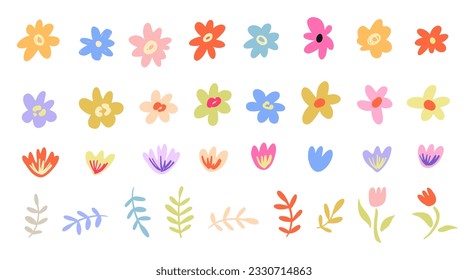 Colección de Silhouettes con flores orgánicas dibujadas a mano. Resumen Conjunto de elementos de formas florales. Doodles de ilustraciones vectoriales aislados en blanco. Estilo de moda vintage, imágenes coloridas